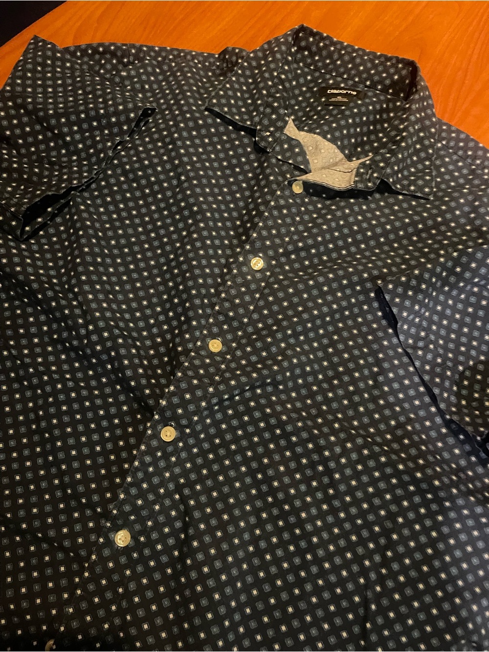 Claiborne Black Button-Up Shirt with Small White Geometric Motif